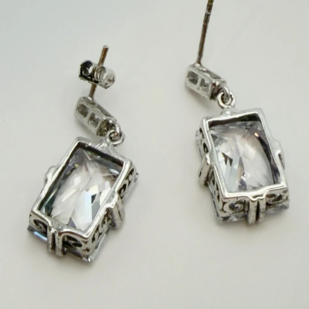 Vtg 925 STERLING SILVER Pierced Dangle Statement Earrings Rectangle CZ Signed N